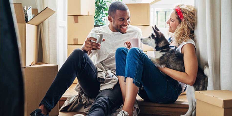 Couple talks in bright room while dog sits beside them